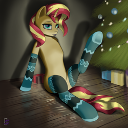 Size: 2886x2880 | Tagged: safe, artist:magentastranger, sunset shimmer, pony, unicorn, g4, christmas, christmas tree, clothes, commission, female, high res, holiday, mare, missing cutie mark, open mouth, present, raised leg, sitting, socks, solo, stockings, striped socks, thigh highs, tree, underhoof, ych result