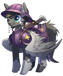 Size: 2480x3004 | Tagged: safe, artist:underpable, oc, oc only, oc:cloudy days, pegasus, pony, armor, arrow, bag, hat, heterochromia, high res, male, quiver, saddle bag, simple background, smiling, solo, transparent background
