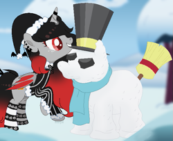 Size: 619x505 | Tagged: safe, artist:sanyyyaa_, oc, oc only, oc:merry mischief, alicorn, bat pony, bat pony alicorn, pony, alicorn oc, bat pony oc, bat wings, biting, broom, christmas, clothes, coat, commission, ear piercing, earring, female, grin, hat, holiday, horn, horn ring, jewelry, mare, mouth hold, piercing, raised hoof, ring, rock, santa hat, scarf, smiling, snow, snowman, snowpony, socks, striped socks, top hat, tree, wings, ych result