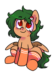 Size: 653x910 | Tagged: safe, artist:paperbagpony, oc, pegasus, pony, blushing, clothes, pegasus oc, scar, sitting, socks