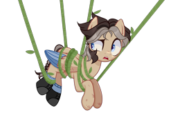 Size: 2760x1848 | Tagged: safe, artist:sanyyyaa_, oc, oc only, oc:hidden gems, pegasus, pony, icey-verse, bondage, boots, clothes, commission, female, leaves, mare, offspring, open mouth, parent:daring do, parent:doctor caballeron, parents:daballeron, shoes, simple background, socks, solo, tied up, transparent background, vine, ych result