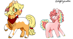 Size: 1280x683 | Tagged: safe, artist:sugarysharkie, applejack, pinkie pie, earth pony, pony, g4, alternate design, chest fluff, duo, eyes closed, female, mare, missing cutie mark, neckerchief, redesign, simple background, tongue out, transparent background, unshorn fetlocks