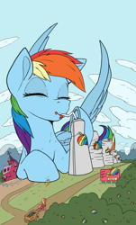 Size: 1240x2048 | Tagged: safe, artist:tsitra360, color edit, edit, applejack, big macintosh, rainbow dash, pony, g4, apple, colored, crushed, crushing, food, giant pony, giant rainbow dash, jam, lineart, macro, silo, slurp, succ, thirsty, this will end in angry countryisms, zap apple, zap apple jam