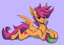Size: 2919x2043 | Tagged: safe, artist:1an1, scootaloo, pegasus, pony, ball, blue background, chest fluff, colored hooves, female, filly, high res, lying down, prone, simple background, solo, spread wings, wings