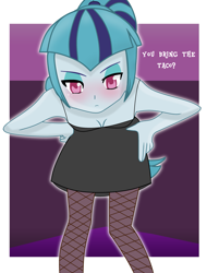 Size: 1523x2000 | Tagged: source needed, safe, artist:grapefruitface1, sonata dusk, equestria girls, g4, abstract background, anime style, base used, black dress, blushing, breasts, busty sonata dusk, cleavage, clothes, dialogue, dress, fishnet stockings, leaning, looking at you, sleeveless, solo