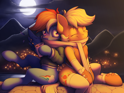 Size: 4000x3000 | Tagged: safe, artist:ohemo, applejack, rainbow dash, earth pony, firefly (insect), insect, pegasus, pony, g4, clothes, cloud, cute, cutie mark, dashabetes, drink, duo, duo female, eyes closed, female, full moon, hatless, high res, jackabetes, jacket, lesbian, mare, missing accessory, moon, night, outdoors, scarf, shared clothing, shared scarf, sharing, ship:appledash, shipping, sitting, sky, smiling, wings