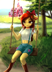 Size: 1800x2500 | Tagged: safe, artist:thatdreamerarts, apple bloom, earth pony, anthro, g4, adorabloom, adorasexy, barn, belly button, boots, bow, breasts, choker, clothes, cottagecore, cute, cutie mark, farm, floppy ears, midriff, older, older apple bloom, panties, pink underwear, scenery, sexy, shirt, shoes, short shirt, small breasts, solo, suspenders, swing, t-shirt, tree, underwear
