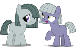 Size: 3000x1900 | Tagged: safe, artist:pigeorgien, limestone pie, marble pie, earth pony, pony, g4, angry, cute, female, filly, filly limestone pie, filly marble pie, foal, limabetes, limestone pie is not amused, marblebetes, mare, pie sisters, sad, siblings, simple background, sisters, unamused, vexel, white background, younger