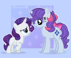 Size: 1281x1041 | Tagged: safe, artist:angellight-bases, artist:pigeorgien, rarity, sparkler (g1), pony, unicorn, g1, g4, base used, bow, cute, female, filly, filly rarity, foal, g1 to g4, generation leap, looking at each other, raribetes, sad, smiling, tail bow, younger