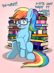 Size: 1714x2327 | Tagged: safe, artist:banquo0, rainbow dash, pegasus, pony, g4, adorkable, alternate hairstyle, blushing, book, caught, chest fluff, cute, dork, egghead, egghead dash, embarrassed, glasses, not what it looks like, ponytail, rainbow dork, raised hoof, solo, text