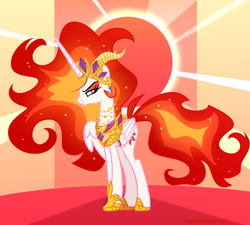 Size: 2218x2000 | Tagged: safe, artist:kingbases, artist:pigeorgien, nightmare star, princess celestia, alicorn, pony, g4, antagonist, base used, beautiful, clothes, crown, evil, evil celestia, evil counterpart, eyeshadow, fire, gold, high res, horns, jewelry, makeup, mane of fire, necklace, regalia, royalty, shoes, slit pupils, sun rays, villainess