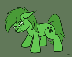 Size: 1352x1077 | Tagged: safe, artist:purblehoers, earth pony, pony, angry, aww man, creeper, ears back, female, filly, green coat, green eyes, green mane, minecraft, ponified, puffy cheeks, scrunchy face, simple background, solo, standing