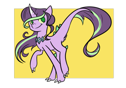 Size: 1000x700 | Tagged: safe, artist:buff-spud, oc, oc only, dracony, hybrid, claws, gem, green eyes, green sclera, horn, interspecies offspring, offspring, parent:rarity, parent:spike, parents:sparity, simple background, solo, transparent background, yellow background