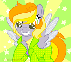 Size: 1132x982 | Tagged: safe, artist:katnekobase, artist:pigeorgien, oc, oc only, oc:star trails, pegasus, pony, base used, clothes, cute, diabetes, female, happy, mare, pants, smiling, solo, spread wings, starry background, starry eyes, suit, sunburst background, wingding eyes, wings