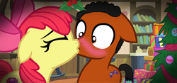 Size: 5952x2795 | Tagged: safe, artist:brandonthebronypony, apple bloom, oc, oc:ladainian otis, pony, g4, blushing, canon x oc, christmas, colt, female, filly, holiday, holly, holly mistaken for mistletoe, kiss on the lips, kissing, ladainianbloom, love, male, shipping, straight, wide eyes