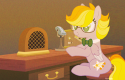 Size: 1710x1096 | Tagged: safe, artist:pigeorgien, oc, oc only, oc:star trails, pegasus, pony, adorkable, base used, bowtie, cute, dork, effects, female, glasses, mare, microphone, nerd pony, radio, solo, table