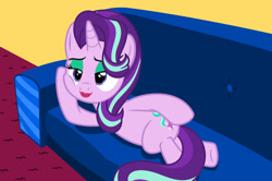 Size: 1280x849 | Tagged: safe, artist:brandonthebronypony, starlight glimmer, oc, oc:brandon, pony, unicorn, g4, couch, draw me like one of your french girls, eyeshadow, horn, lipstick, lounging, makeup, story included