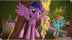 Size: 3840x2160 | Tagged: safe, artist:steamyart, fluttershy, rainbow dash, twilight sparkle, alicorn, pegasus, pony, g4, 3d, flying, flying lesson, gone wrong, high res, laughing, looking at you, source filmmaker, stuck, tree, twilight sparkle (alicorn), unamused