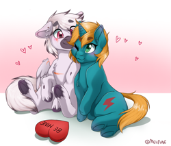 Size: 2593x2207 | Tagged: safe, artist:melpone, oc, oc only, earth pony, pony, unicorn, female, heart, heart pillow, high res, male, mare, oc x oc, pillow, shipping, stallion, straight