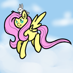 Size: 2000x2000 | Tagged: safe, artist:buff-spud, angel bunny, fluttershy, pegasus, pony, rabbit, g4, animal, cloud, duo, flying, high res, sky