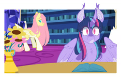 Size: 1280x852 | Tagged: safe, artist:vio-mlp-creator, fluttershy, twilight sparkle, alicorn, pegasus, pony, g4, book, duo, female, flower, library, mare, story in the source, twilight sparkle (alicorn), twilight's castle, twilight's castle library, vase
