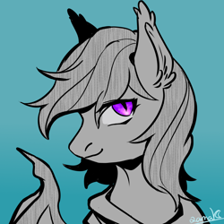 Size: 2000x2000 | Tagged: safe, artist:qamar, oc, oc only, oc:nocturne star, bat pony, pony, blue background, bust, grey fur, high res, male, portrait, purple eyes, simple background, solo, spread wings, stallion, wings
