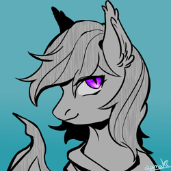 Size: 2000x2000 | Tagged: safe, artist:qamar, oc, oc only, oc:nocturne star, bat pony, pony, blue background, bust, gray fur, high res, male, portrait, purple eyes, simple background, solo, spread wings, stallion, wings