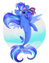 Size: 1300x1658 | Tagged: safe, artist:woonborg, oc, oc only, seapony (g4), blue eyes, bubble, chest fluff, dorsal fin, ear fluff, eyelashes, fin wings, fish tail, flowing hair, flowing mane, ribbon, seashell, shell, simple background, smiling, solo, tail, transparent background, underwater, water, wings