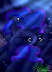 Size: 2088x2871 | Tagged: safe, artist:chaoticchimeraart, princess luna, alicorn, pony, seapony (g4), g4, blue eyes, bubble, coral, crepuscular rays, female, fin wings, fish tail, flowing mane, flowing tail, high res, horn, long horn, ocean, seaponified, seapony luna, seaweed, smiling, solo, species swap, speedpaint, tail, underwater, water, wings