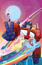 Size: 792x1224 | Tagged: safe, artist:tony fleecs, idw, applejack, fluttershy, pinkie pie, rainbow dash, rarity, twilight sparkle, alicorn, butterfly, earth pony, pegasus, pony, robot, unicorn, g4, the magic of cybertron, spoiler:comic, comic cover, female, flying, male, mane six, mare, one eye closed, optimus prime, peace sign, transformers, twilight sparkle (alicorn), wink