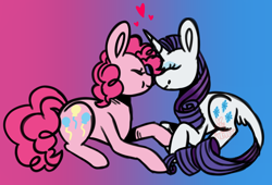 Size: 1030x700 | Tagged: safe, artist:hunterartist, pinkie pie, rarity, earth pony, pony, unicorn, g4, boop, female, gradient background, heart, leonine tail, lesbian, noseboop, ship:raripie, shipping