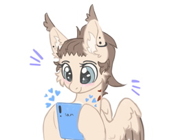 Size: 2480x2024 | Tagged: safe, artist:dorkmark, oc, oc only, oc:dima, pegasus, pony, bust, cellphone, cheek fluff, colored wings, ear fluff, ear piercing, ear tufts, emanata, high res, hoof hold, phone, piercing, portrait, simple background, smartphone, solo, two toned wings, white background, wings