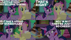 Size: 1986x1117 | Tagged: safe, edit, edited screencap, editor:quoterific, screencap, fluttershy, twilight sparkle, alicorn, pegasus, pony, g4, party pooped, duo, female, food, quesadilla, they're just so cheesy, twilight sparkle (alicorn)