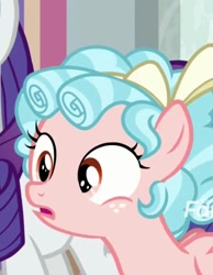 Size: 717x924 | Tagged: safe, screencap, cozy glow, rarity, pegasus, pony, friendship university, g4, close-up, confused, cozybetes, cropped, cute, discovery family logo, female, filly, freckles, solo focus