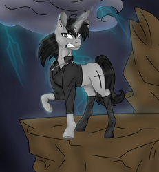 Size: 1986x2152 | Tagged: safe, artist:nerdial, oc, oc only, oc:black cross, pony, unicorn, boots, clothes, crucifix, ear piercing, earring, jacket, jewelry, lightning, magic, necklace, piercing, raised hoof, shoes