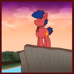Size: 1920x1920 | Tagged: safe, artist:thebadbadger, oc, oc only, oc:phire demon, earth pony, pony, cliff, eyes closed, forest, scenery, solo