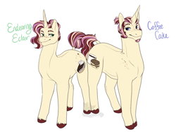 Size: 1024x768 | Tagged: safe, artist:arexstar, oc, oc only, oc:cofee cake, oc:endearing éclair, pony, unicorn, female, male, mare, offspring, parent:donut joe, parent:rarity, parents:rarijoe, siblings, simple background, stallion, white background