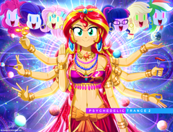 Size: 1990x1520 | Tagged: safe, artist:the-butch-x, applejack, fluttershy, pinkie pie, rainbow dash, rarity, sci-twi, sunset shimmer, twilight sparkle, equestria girls, g4, bacon, belly button, belly dancer, belly dancer outfit, bracelet, breasts, busty sunset shimmer, cleavage, ear piercing, earring, earth, fidget spinner, food, fork, freckles, glasses, goddess, hinduism, humane five, humane seven, humane six, jewelry, meat, multiple arms, necklace