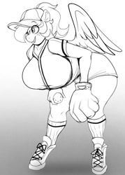 Size: 715x1000 | Tagged: safe, artist:littlebibbo, oc, oc only, oc:bibbo, pegasus, anthro, unguligrade anthro, baseball, baseball cap, baseball glove, bent over, big breasts, breasts, cap, clothes, female, freckles, gradient background, hat, holding, huge breasts, lineart, mare, monochrome, open mouth, shirt, shoes, shorts, smiling, sneakers, solo, sports