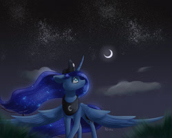 Size: 2500x2000 | Tagged: safe, artist:brilliant-luna, princess luna, alicorn, pony, g4, cloud, crescent moon, crown, ethereal mane, flowing mane, high res, jewelry, moon, night, regalia, slender, solo, starry mane, thin