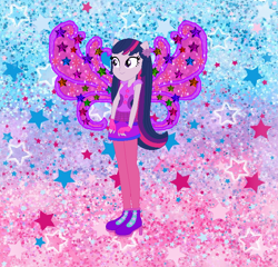 Size: 736x708 | Tagged: safe, artist:selenaede, artist:user15432, twilight sparkle, alicorn, fairy, human, equestria girls, g4, alternate hairstyle, barely eqg related, base used, boots, clothes, cosmix, crossover, fairy wings, fairyized, fingerless gloves, gloves, gradient background, high heel boots, high heels, leggings, ponied up, purple dress, purple shoes, purple wings, rainbow s.r.l, shoes, solo, stars, twilight sparkle (alicorn), wings, winx, winx club, winxified