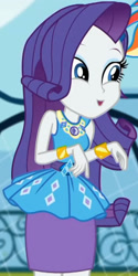 Size: 1023x2045 | Tagged: safe, screencap, rarity, equestria girls, g4, my little pony equestria girls: better together, sock it to me, sock it to me: rarity, canterlot high, clothes, cropped, cute, diamond, dress, female, geode of shielding, gold, jewelry, legs, magical geodes, makeup, necklace, outdoors, pencil skirt, raribetes, rarity peplum dress, skirt, sleeveless, smiling, soccer field, waistband, wrist cuffs