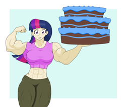 Size: 2085x1786 | Tagged: safe, artist:matchstickman, twilight sparkle, human, g4, abs, biceps, breasts, busty twilight sparkle, cake, female, flexing, food, humanized, muscles, muscular female, twilight muscle