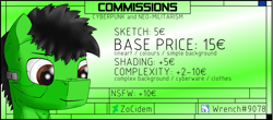 Size: 1225x537 | Tagged: safe, artist:zocidem, oc, oc only, oc:wrench, earth pony, pony, advertisement, augmented, commission, commission info, cyberpunk, earth pony oc, male, male oc, solo, stallion, stallion oc