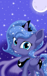 Size: 2500x4000 | Tagged: safe, artist:theroyalprincesses, princess luna, alicorn, pony, g4, cute, ethereal mane, female, filly, jewelry, looking at you, lunabetes, moon, night, regalia, s1 luna, smiling, solo, starry mane, stars, woona, younger
