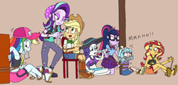 Size: 2398x1152 | Tagged: safe, artist:bugssonicx, applejack, cozy glow, rainbow dash, rarity, sci-twi, starlight glimmer, sunset shimmer, twilight sparkle, human, equestria girls, g4, bondage, cap, clothes, cozybuse, crying, equestria girls-ified, female, gag, gritted teeth, hat, muffled words, revenge, rope, rope bondage, sarong, skirt, sun hat, swimsuit, tape, tape gag, tears of pain, teary eyes, tied up, tying, untying