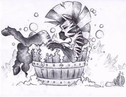 Size: 800x619 | Tagged: safe, artist:code-shark, oc, oc only, oc:lars, zebra, anthro, bath, bathtub, monochrome, solo, traditional art