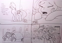 Size: 3927x2699 | Tagged: safe, artist:dreamy990, fluttershy, pony, g4, bed mane, comic, high res, monochrome, sleeping, solo, towel, traditional art