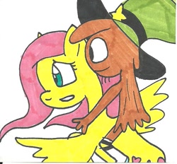Size: 618x573 | Tagged: safe, artist:cmara, fluttershy, pegasus, pony, g4, crossover, flying, friendshipping, riding a pony, traditional art, wander (wander over yonder), wander over yonder