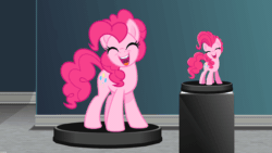 Size: 1280x720 | Tagged: safe, artist:nxzc88, pinkie pie, earth pony, pony, g4, animated, body control, bondage, curse, eyes closed, female, figurine, forced smile, gif, gritted teeth, magical bondage, open mouth, platform, show accurate, smiling, struggling, transfixed, trapped, voodoo, voodoo doll
